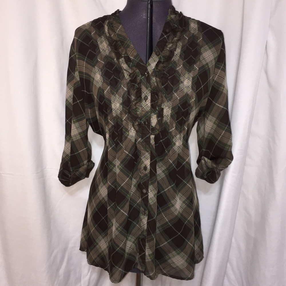 Sheer, plaid tunic with ruffled bodice.